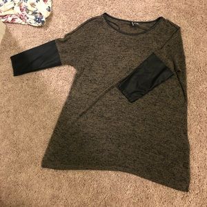H&M green top w/ black leather sleeves